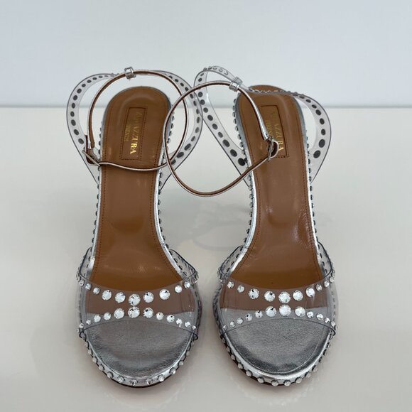 AQUAZZURA SILVER PVC LEATHER CRYSTAL SANDALS SIZE IT 38 / US 8 NEW IN BOX! - Picture 1 of 17